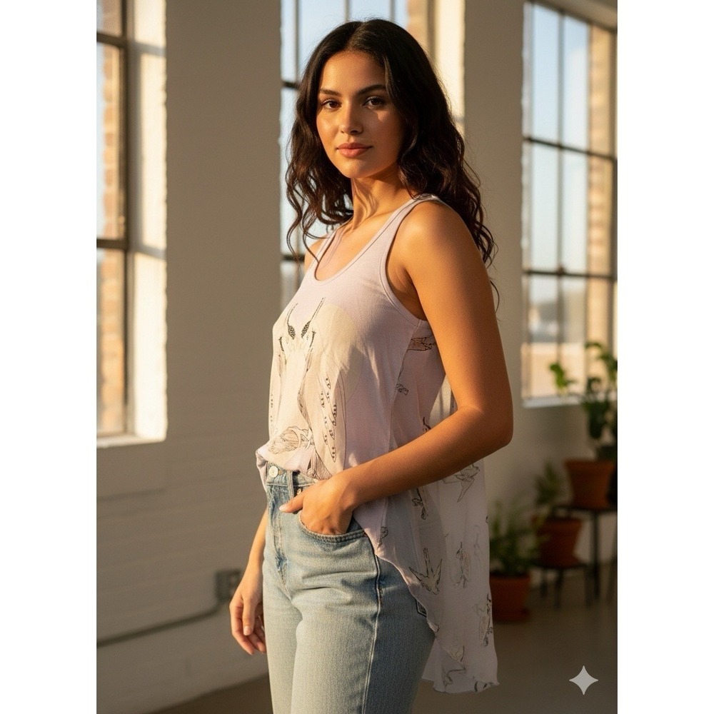 Whimsigoth Bird Print High-Low Tank Top Fairycore Cockatoo Sheer Back Sz 4